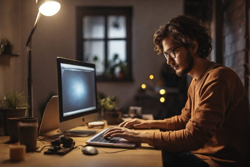 夜に一人でパソコンをする男性